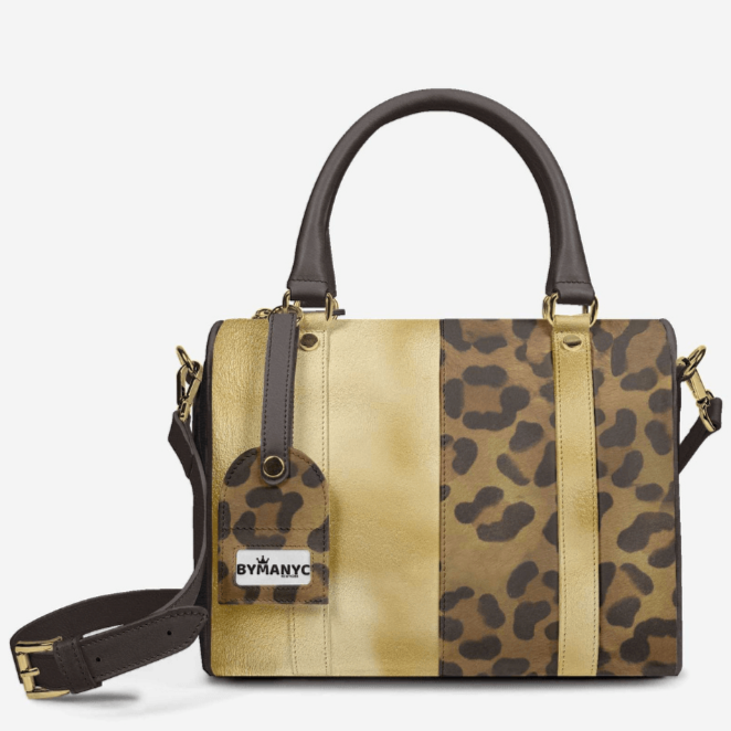 Handbag with leopard print and beige accents on a white background