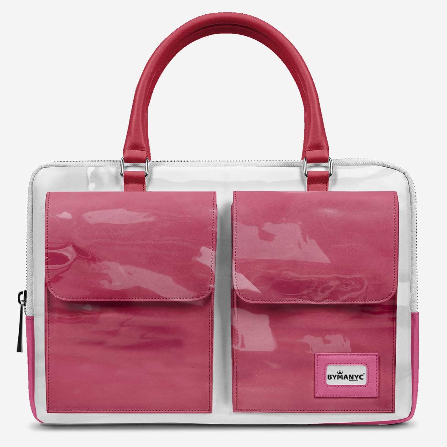 Pink handbag with clear panels on a light gray background