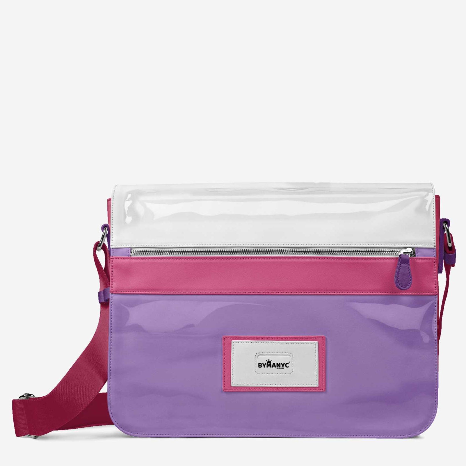 Purple and pink crossbody bag with clear top section on a white background