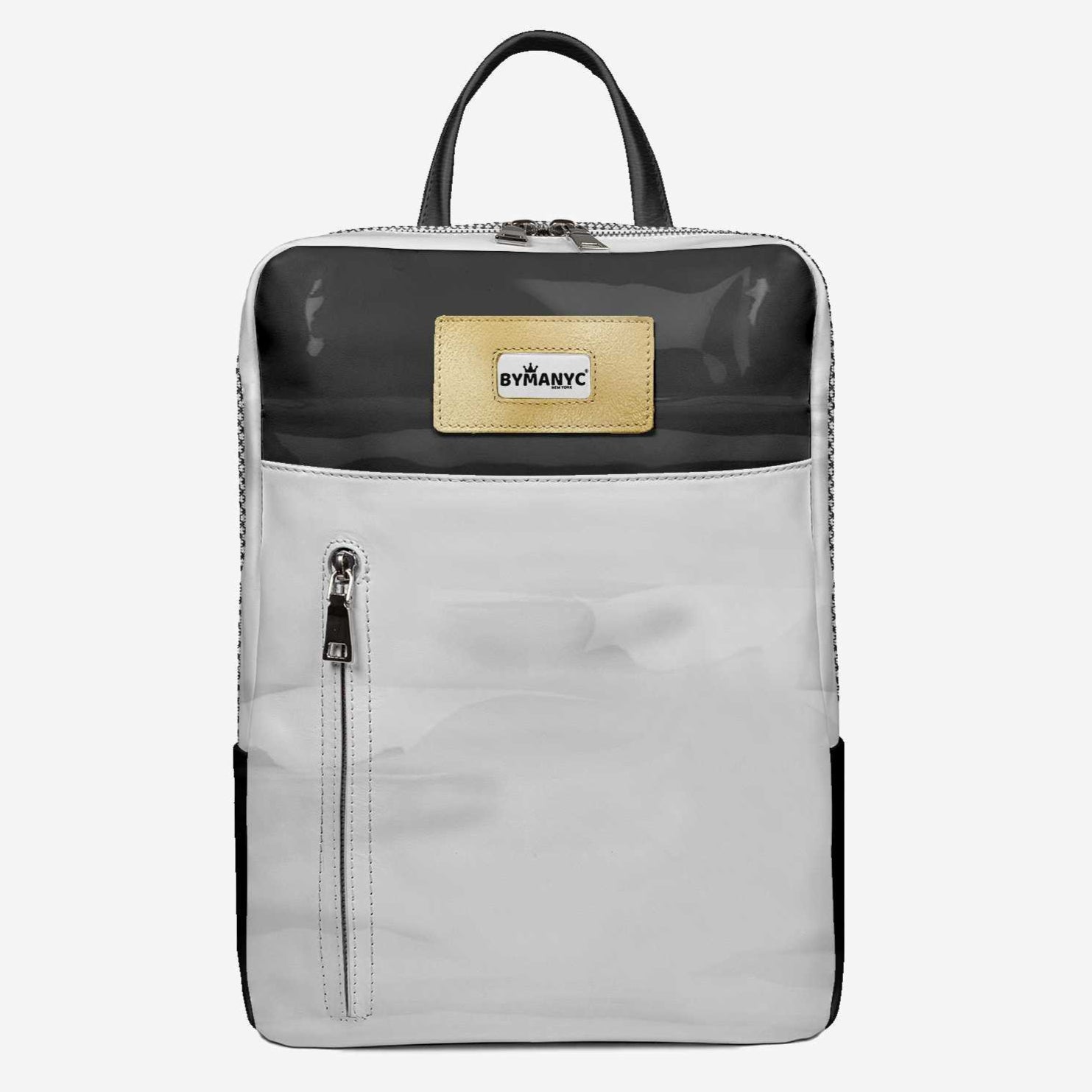 Gray backpack with a visible brand logo on a white background