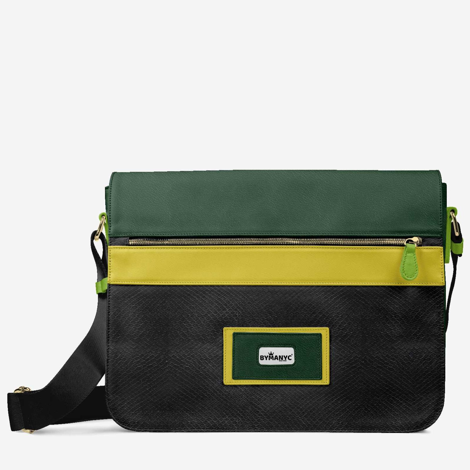 Multicolored bag with a visible brand label on a white background