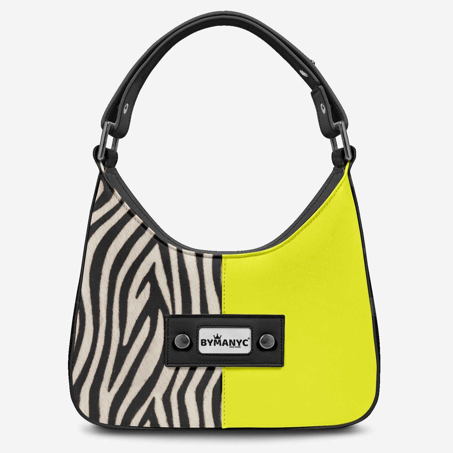 Handbag with zebra pattern and yellow section on a white background