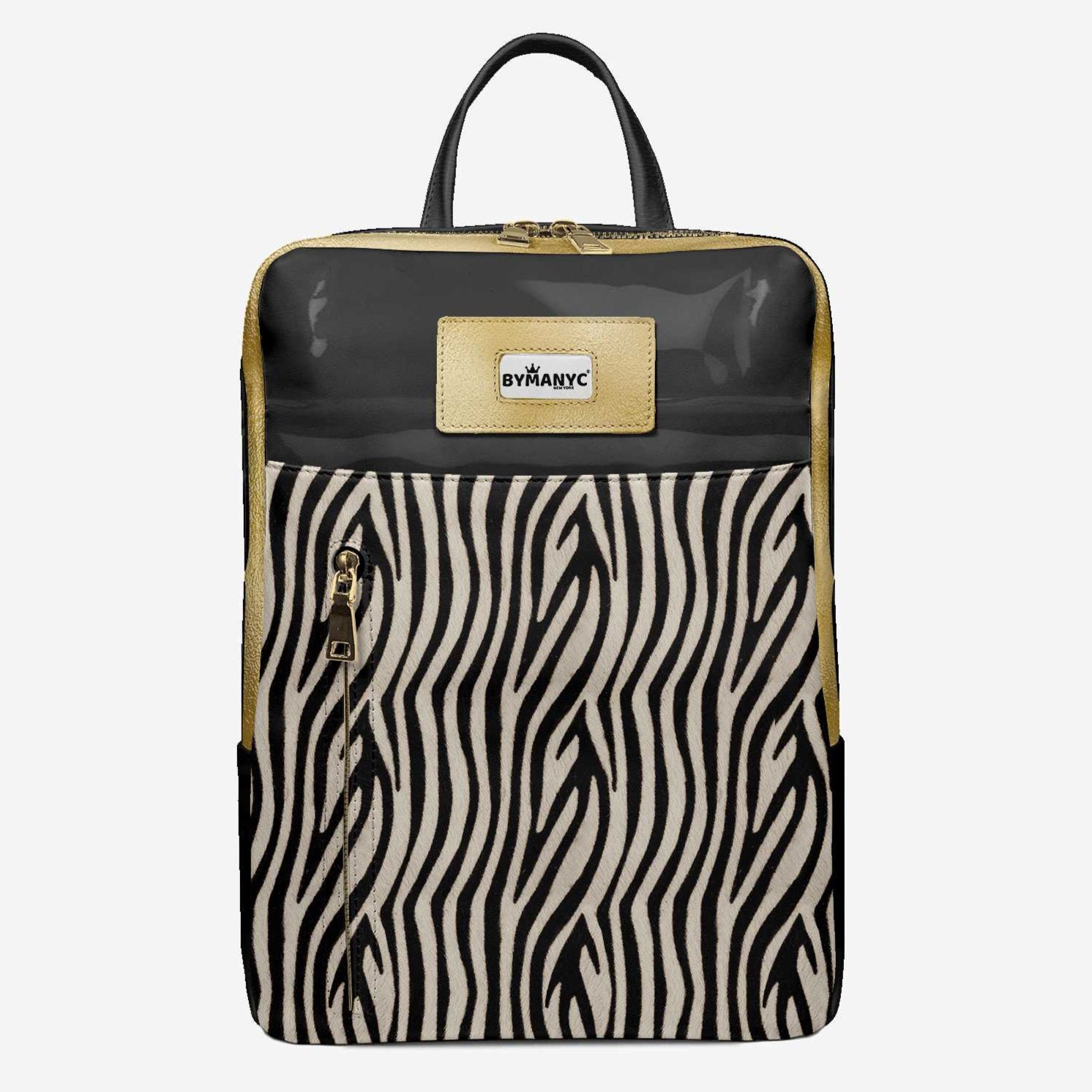 Backpack with zebra pattern and black accents on a white background