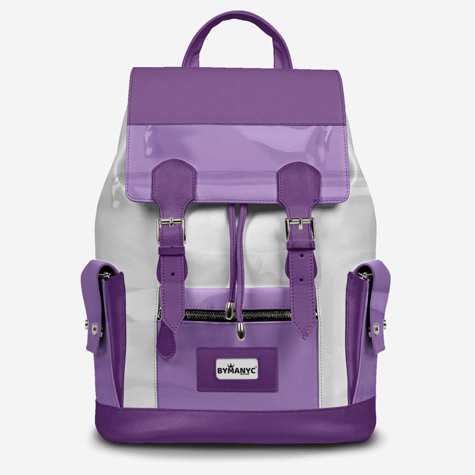 Purple and white backpack with Byriancyc logo on a light gray background