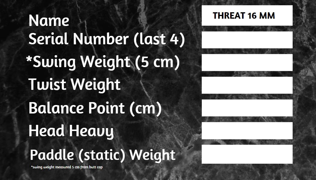 THREAT 16 Includes custom weight card, paddle cover, paddle eraser, and lead weights.