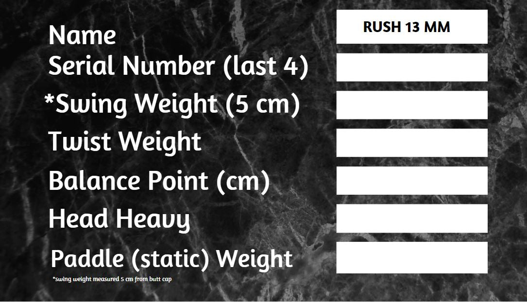 RUSH 13 Includes custom weight card, paddle cover, paddle eraser, and lead weights.