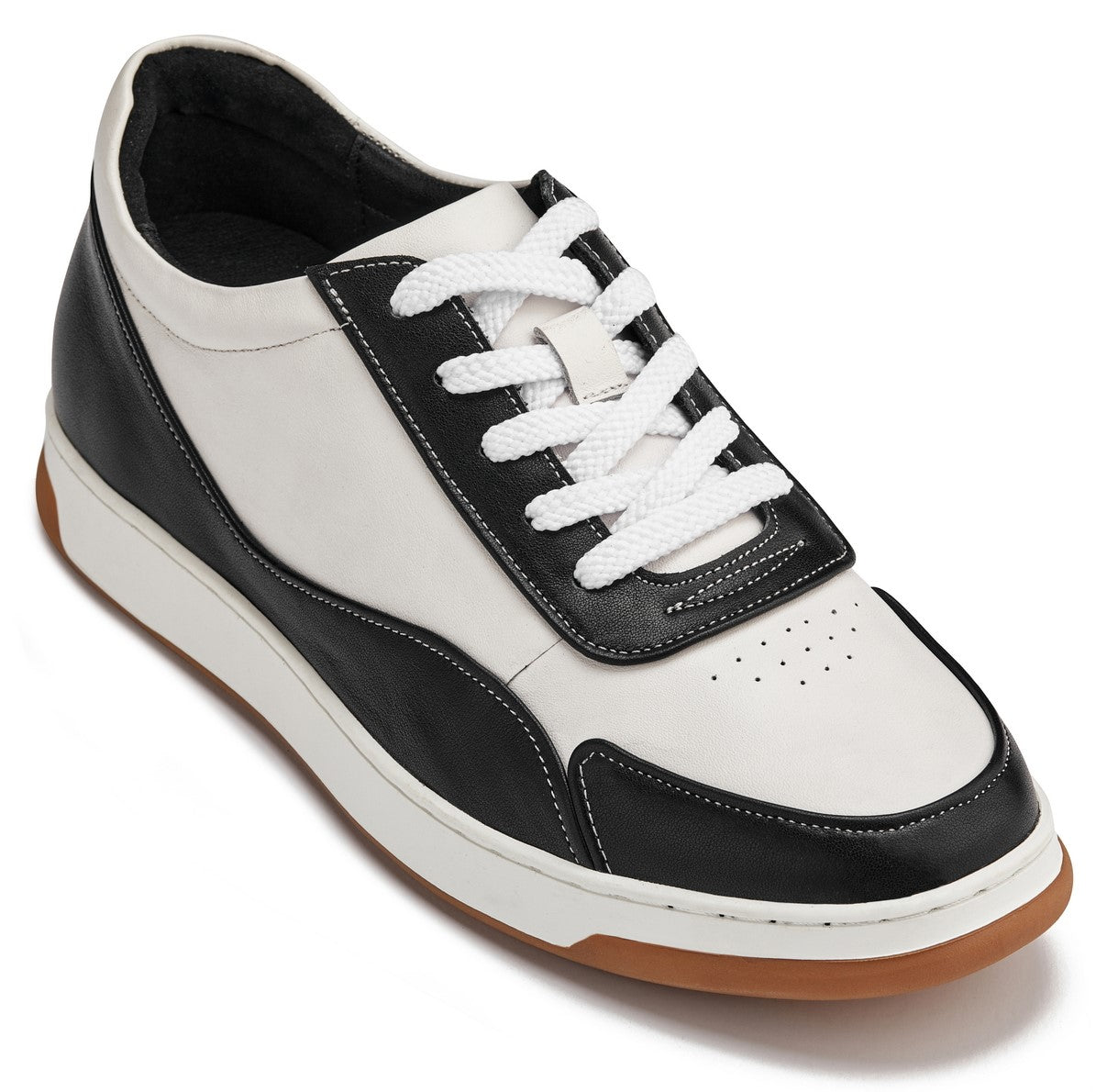 Y7884 - 2.6 Inches Taller (Black/White/White & Gum Sole) - Elevated Leather Men's Sneakers