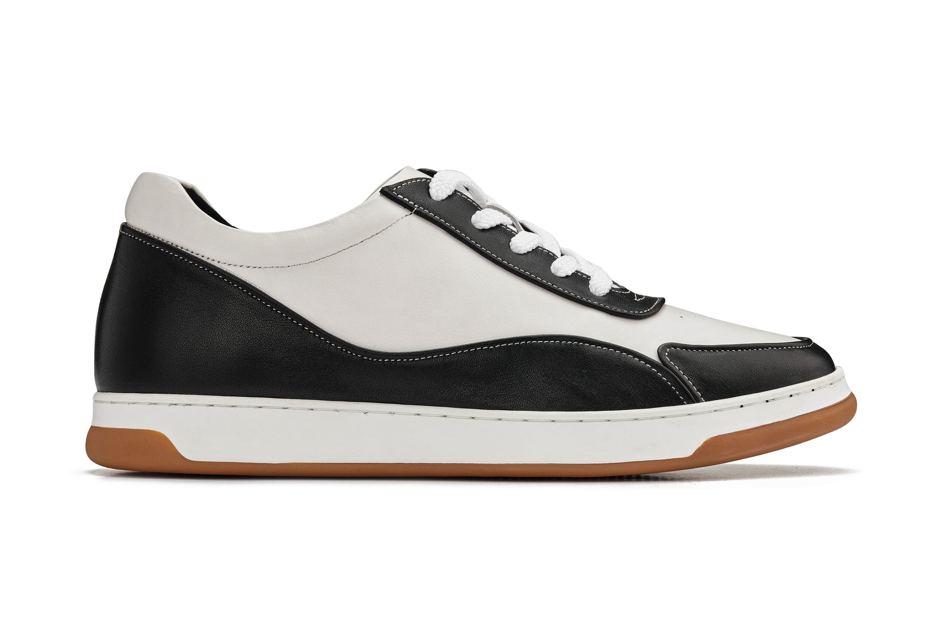 Y7884 - 2.6 Inches Taller (Black/White/White & Gum Sole) - Elevated Leather Men's Sneakers