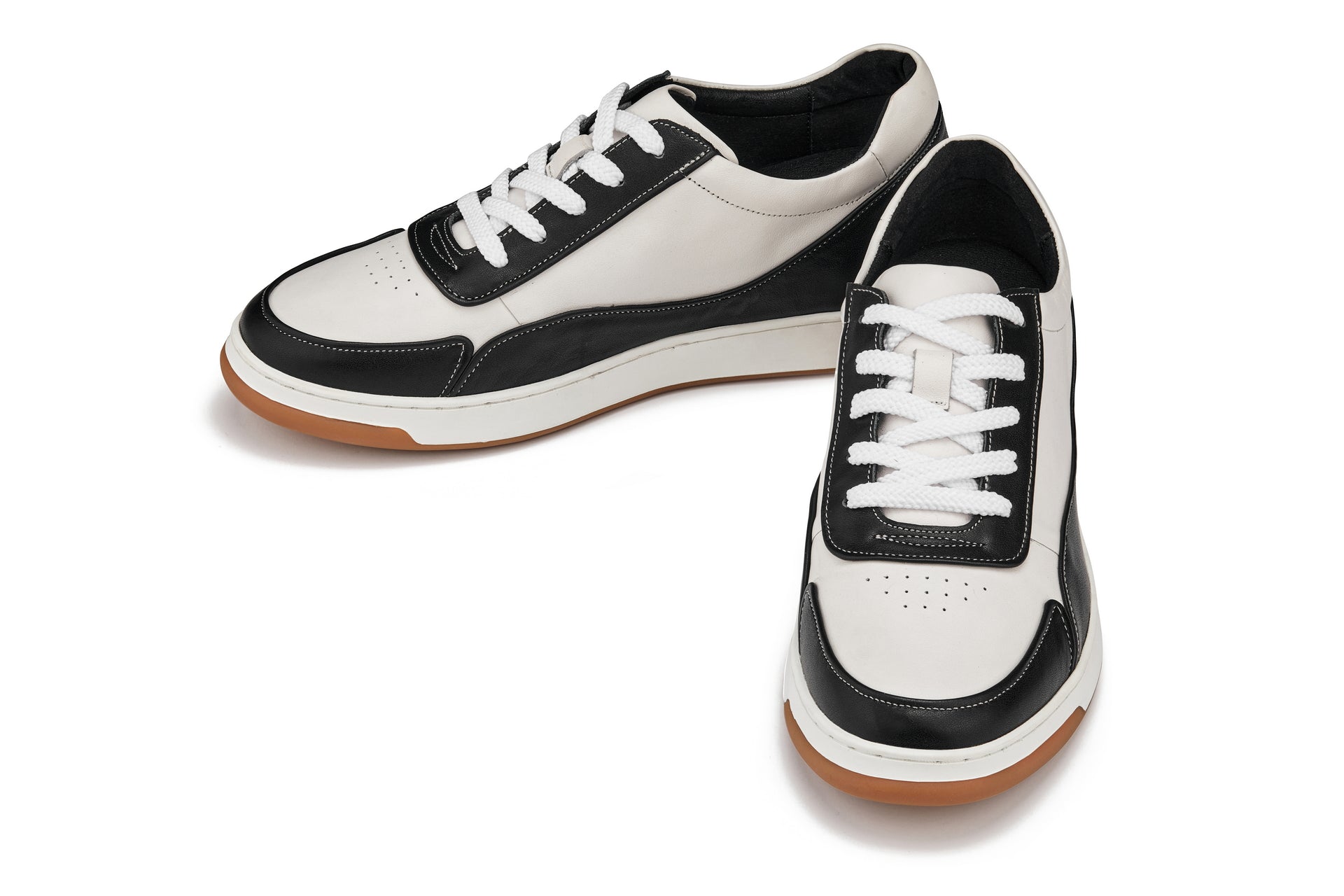 Y7884 - 2.6 Inches Taller (Black/White/White & Gum Sole) - Elevated Leather Men's Sneakers