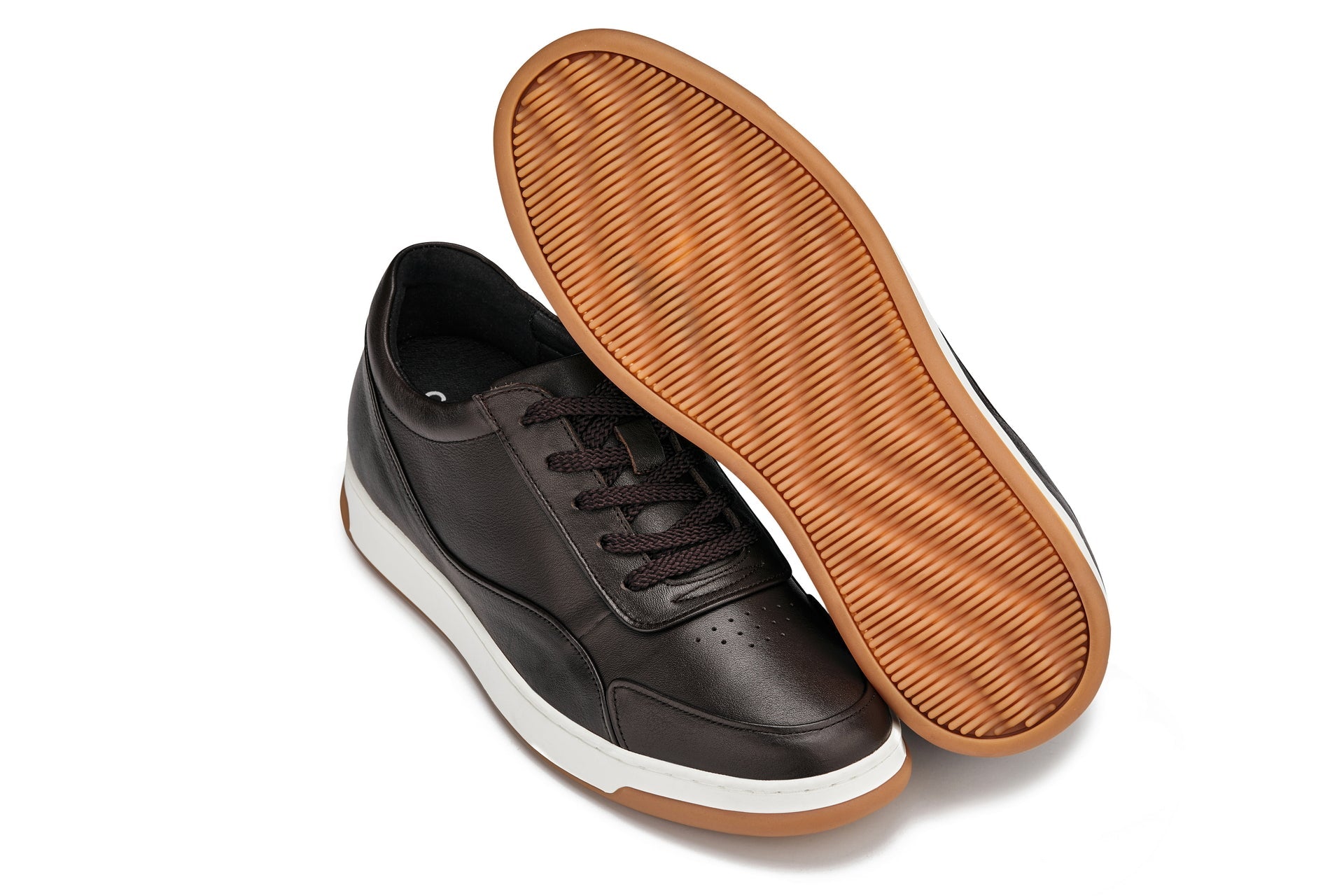 Y7887 - 2.6 Inches Taller (Deep Espresso/White & Gum Sole) - Elevated Leather Men's Sneakers