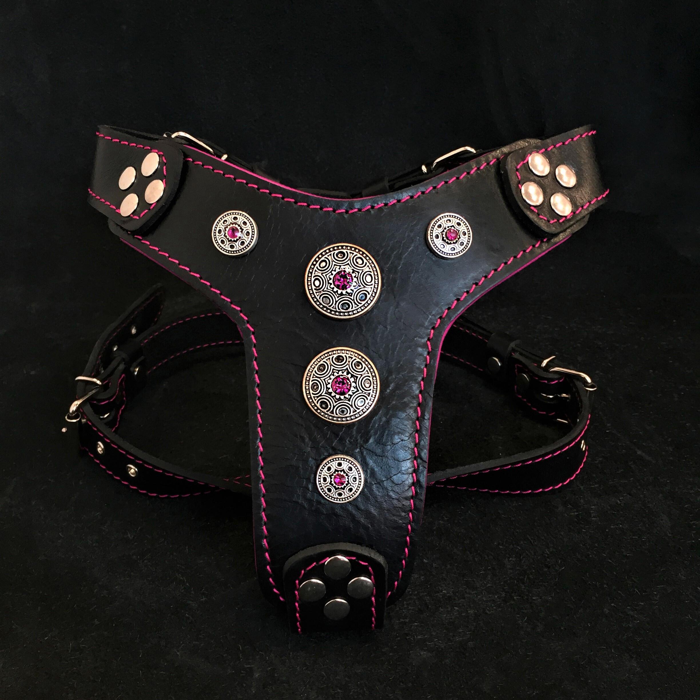 The "Bijou" Dog Harness for Small to Medium Breeds. Black & Pink