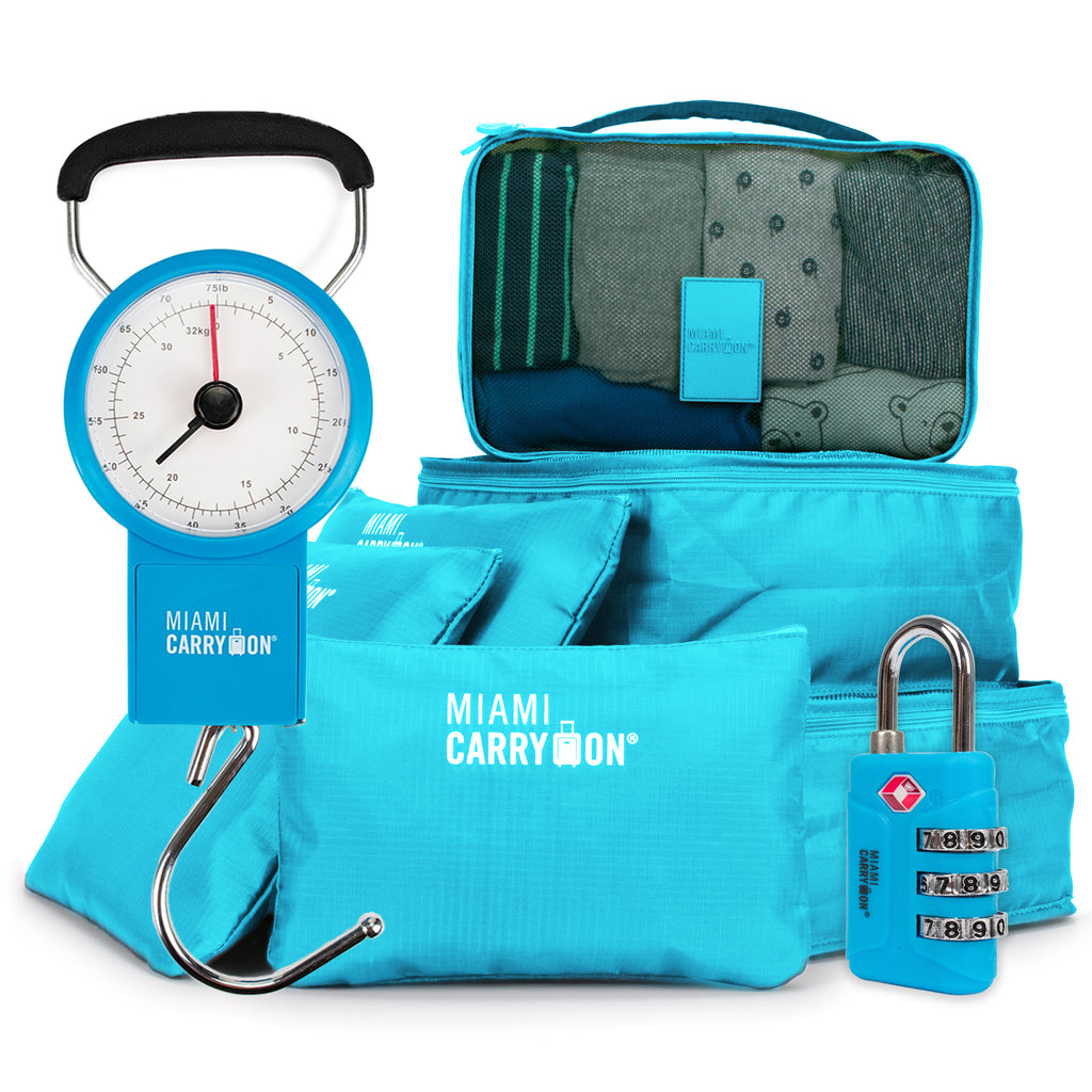 Travel smarter with our 3-in-1 bundle: Packing cubes, TSA-approved lock & mechanical luggage scale. Organize, secure & weigh your luggage efficiently! Blue colorway