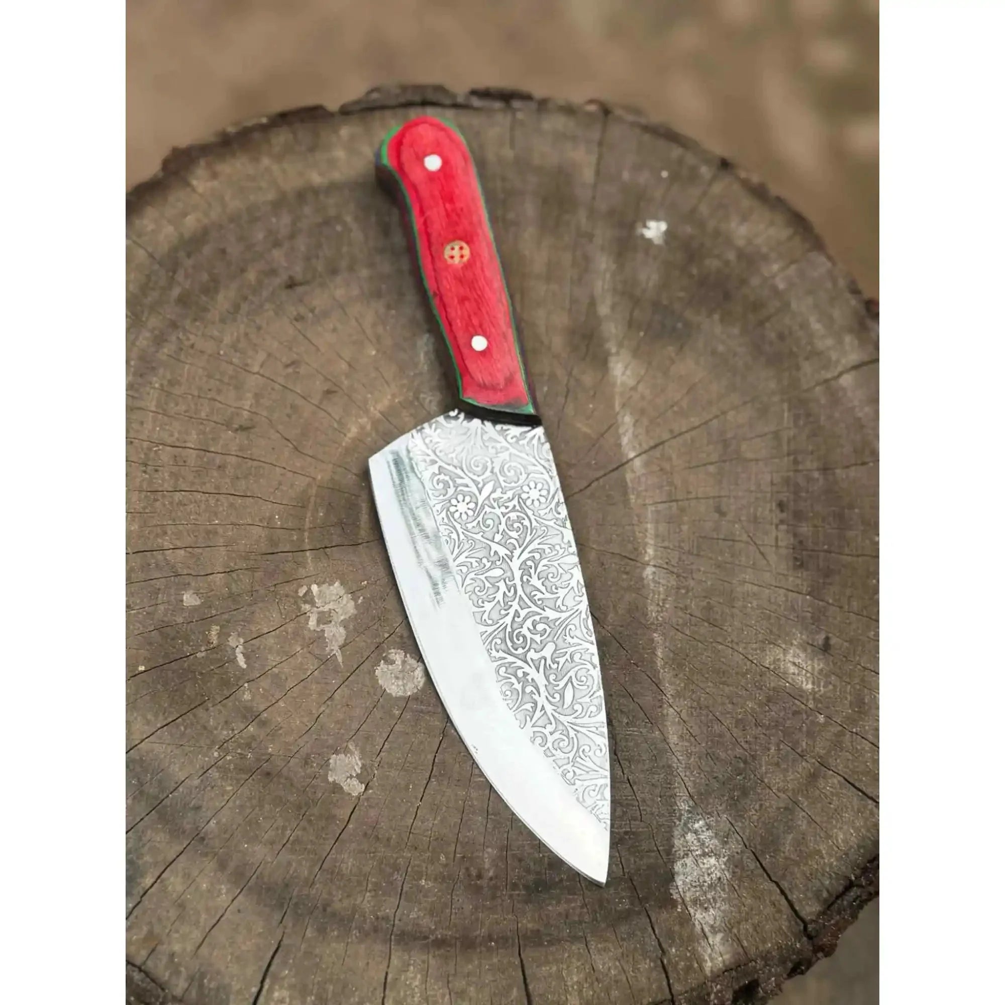 Chef Knife with Acid-Etched Blade – Red Micarta or Checker Wood Handle