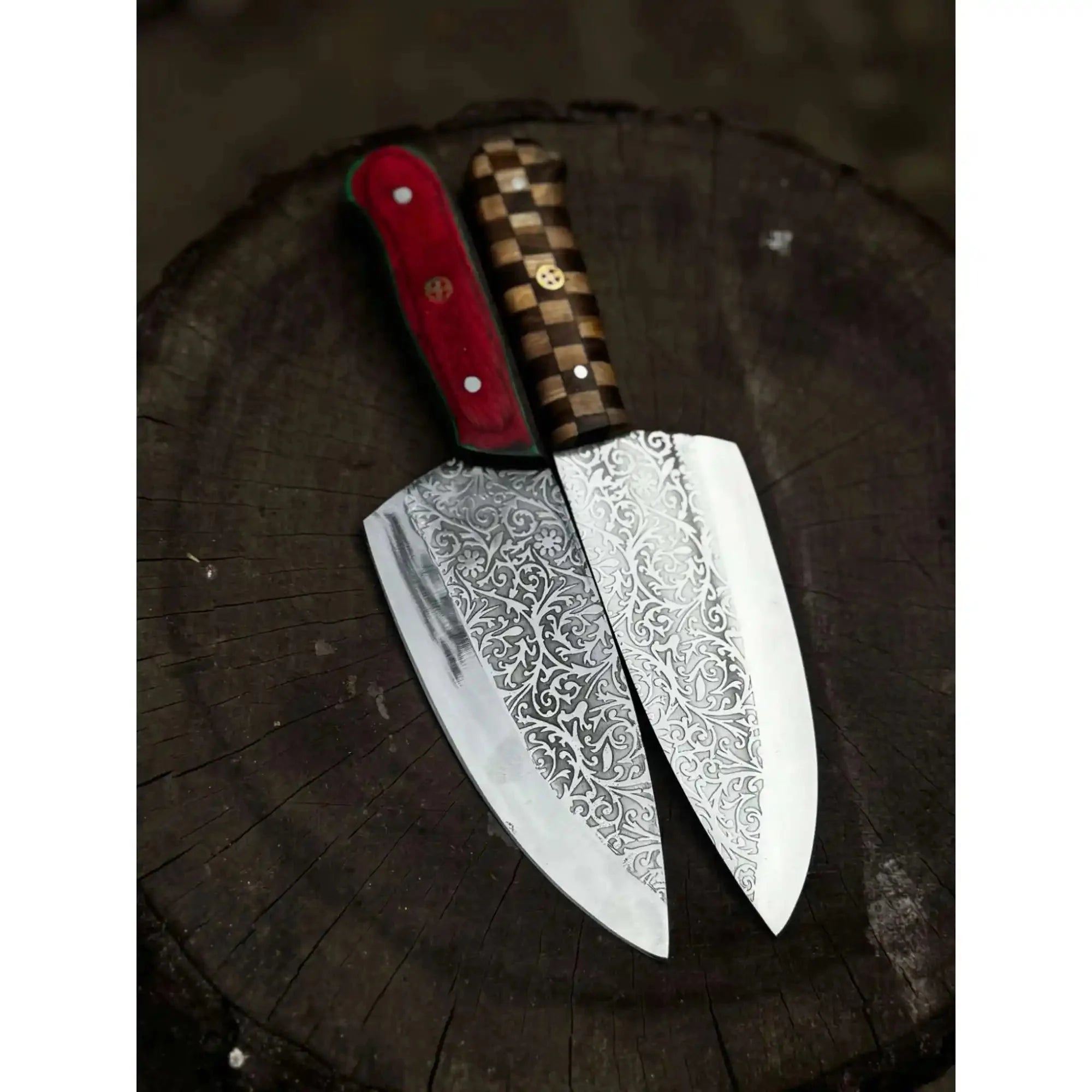 Chef Knife with Acid-Etched Blade – Red Micarta or Checker Wood Handle