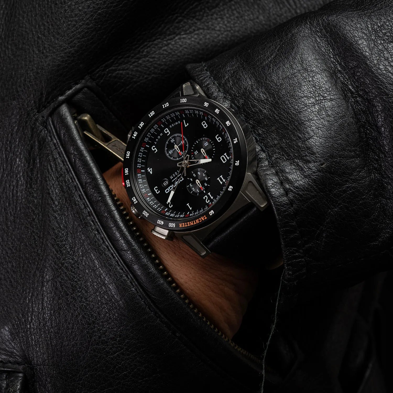CR-01 - Chrono Men's Watch with Italian Leather Strap - Jet Black