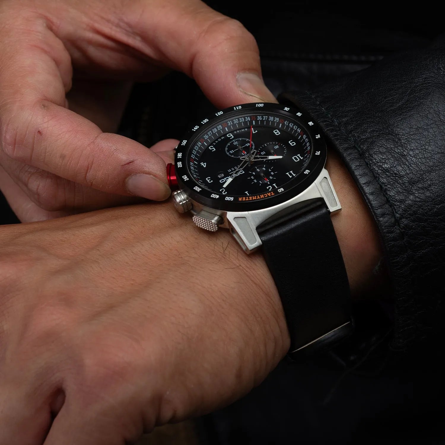 CR-01 - Chrono Men's Watch with Italian Leather Strap - Jet Black