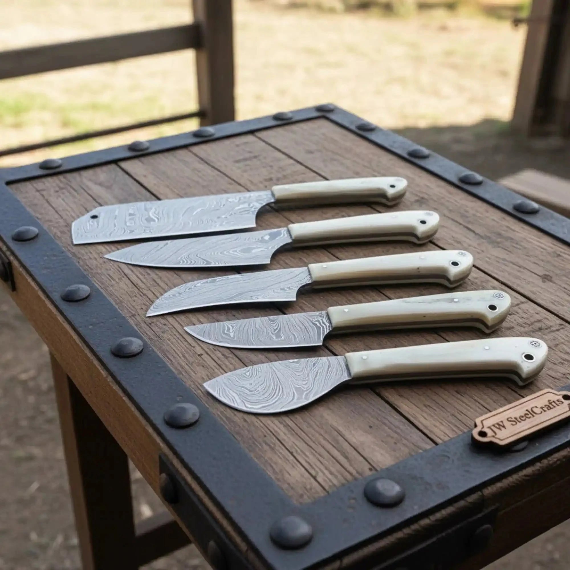 Damascus Steel Chef Knife Set with White Resin Handles - Full Tang Professional Kitchen Knives