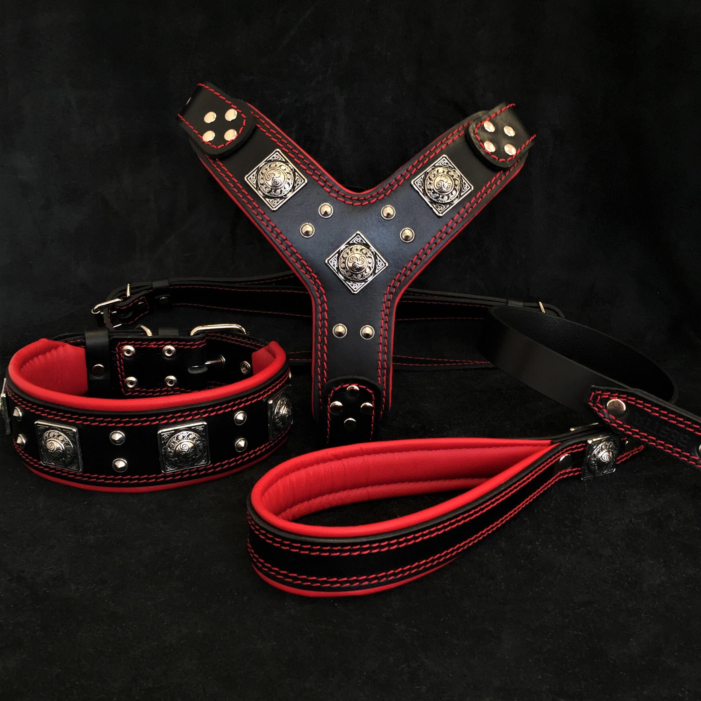 "Eros" Big Dog SET- Harness - Collar - Lead. Black & Red