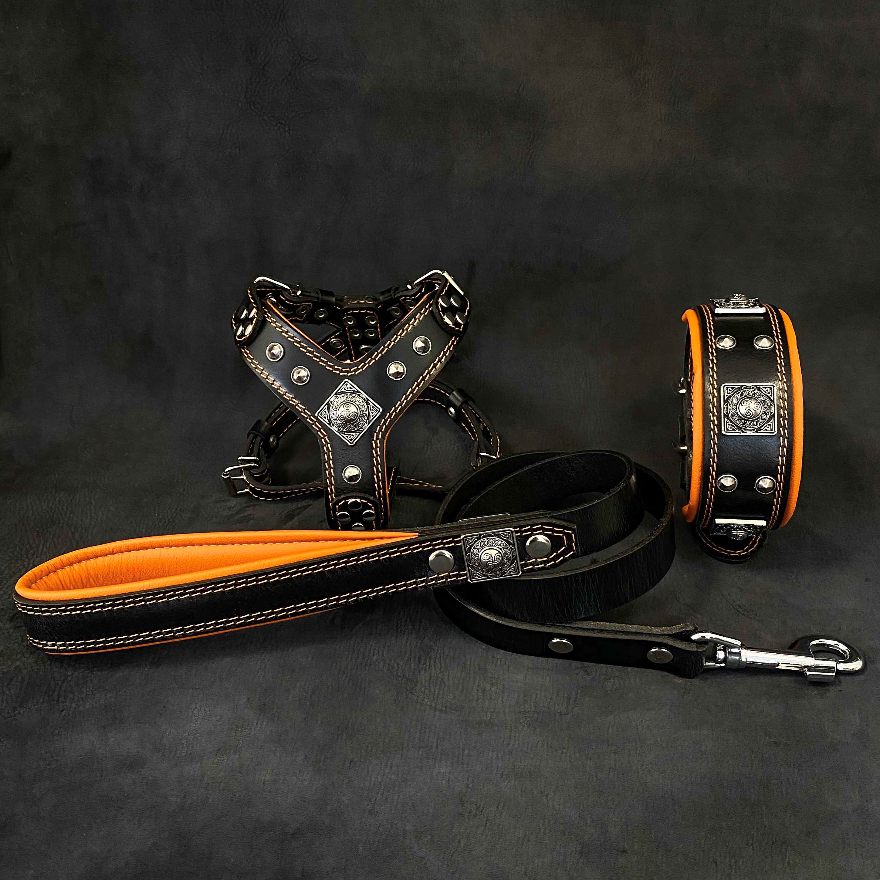 "Eros" Small to Medium Dog SET - Harness - Collar - Lead. Black & Orange