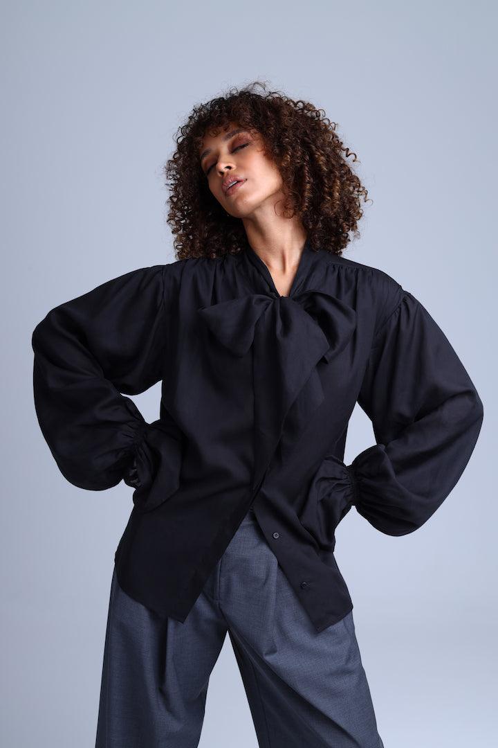 Protagonista Tencel Bow-Tie Black Blouse With Voluminous Airy Sleeves