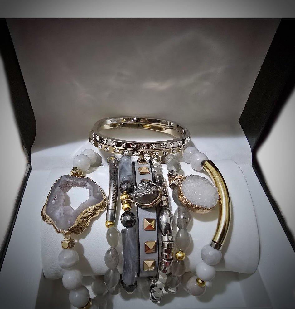 Gray Moonstone and Stripe Agate Stacked Bracelet Set