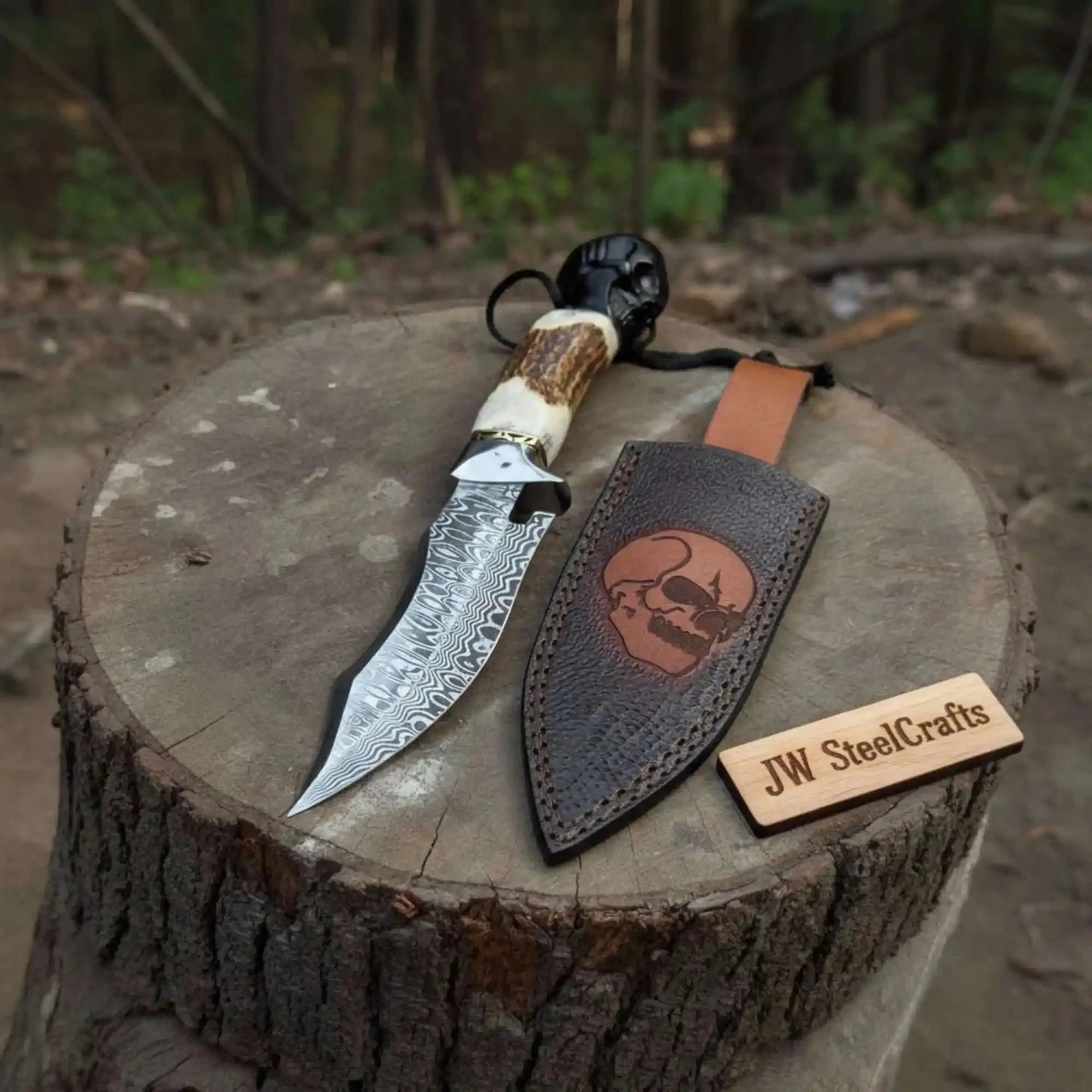 Handmade Damascus Hunting Knife with Stag Antler Handle & Custom Leather Sheath