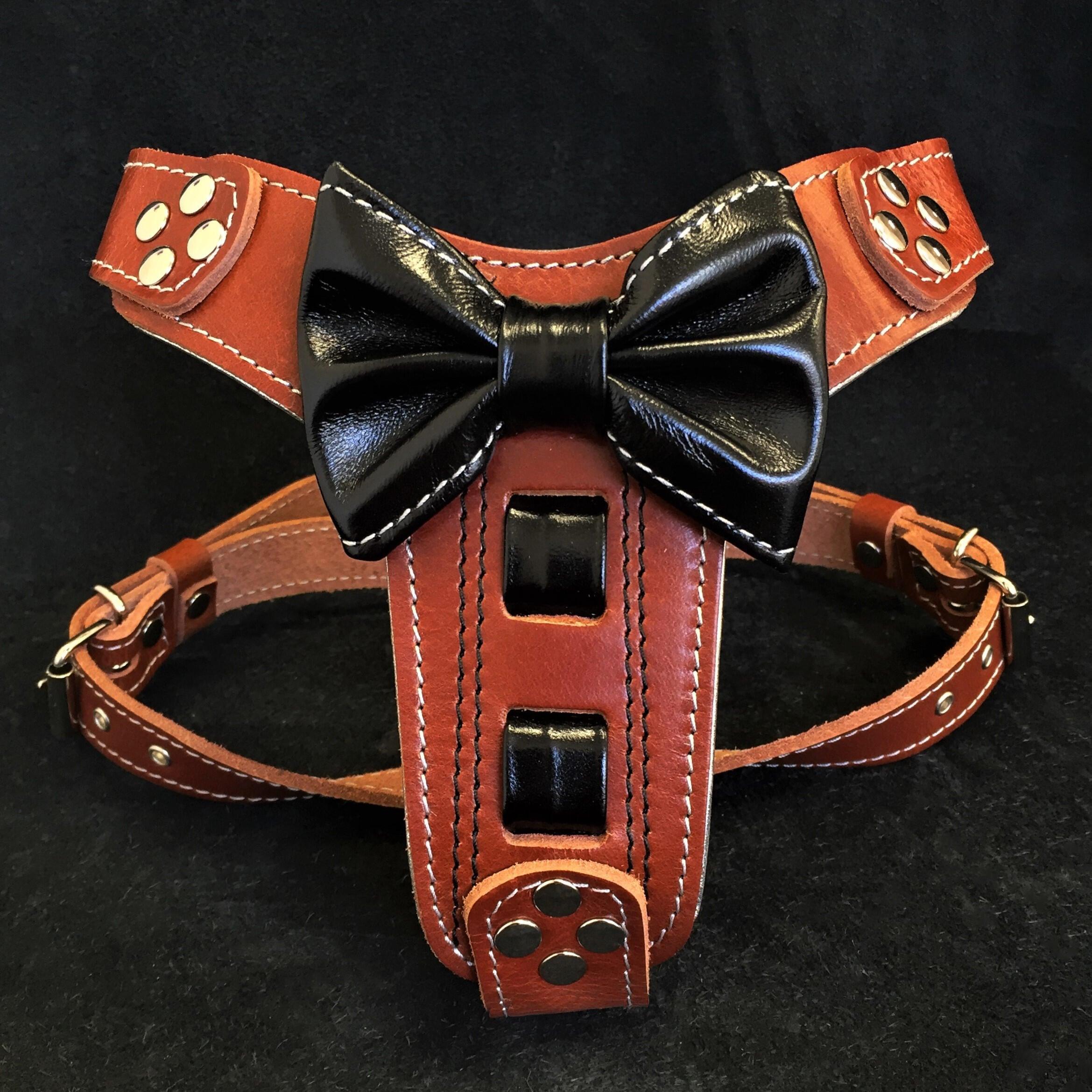 The "Bowtie" Leather Dog Harness for Small to Medium Breeds. Brown