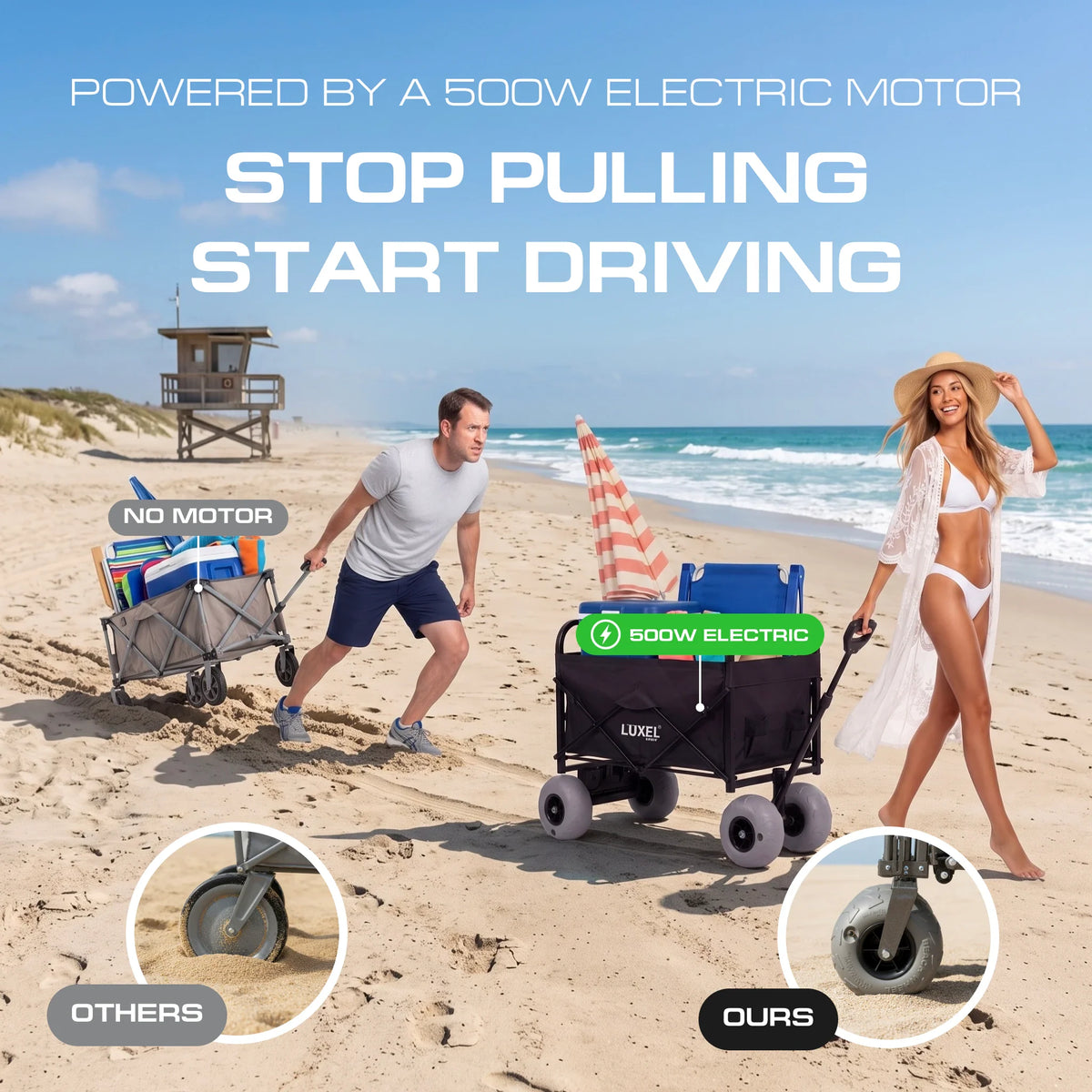 Electric Beach Wagon 500W – Motorized Folding Cart with Balloon Wheels Black