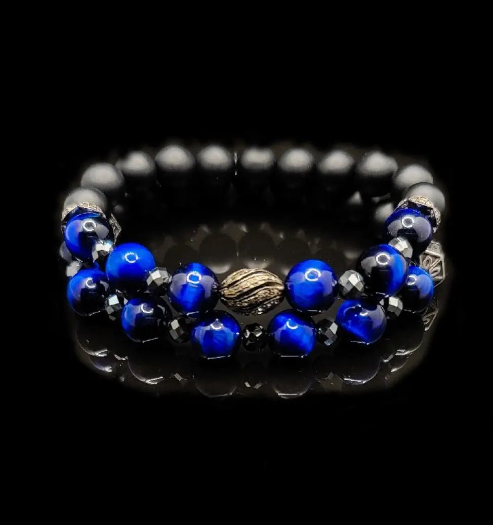 Men's Blue Tiger Eye and Black Diamonds Bracelet Set