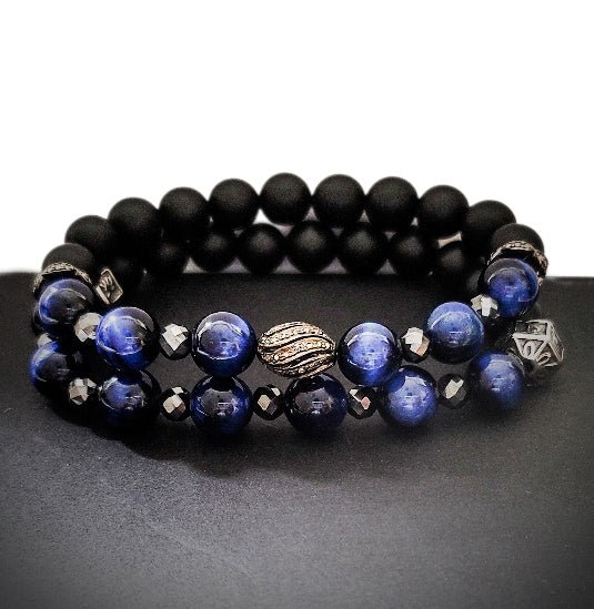 Men's Blue Tiger Eye and Black Diamonds Bracelet Set