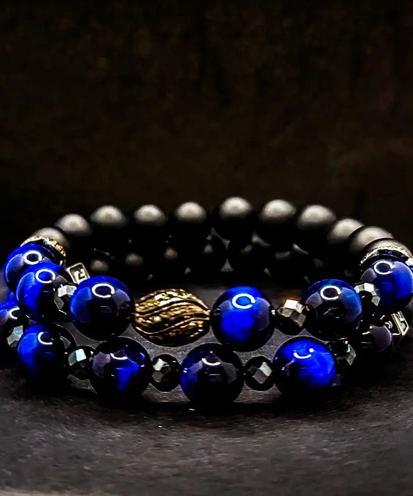 Men's Blue Tiger Eye and Black Diamonds Bracelet Set