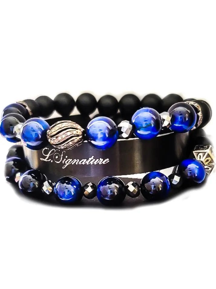 Men's Blue Tiger Eye and Black Diamonds Bracelet Set
