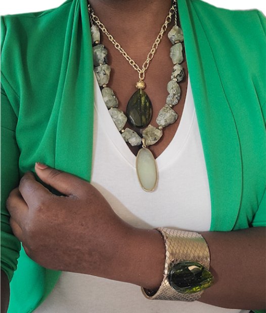 Natural Prehnite and Green Amber Layer Necklace Set