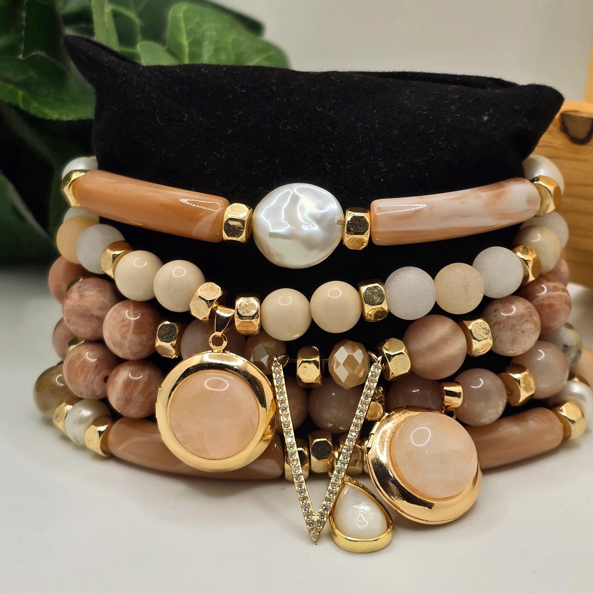Natural Sunstone and Peach Moonstone Bracelet Set