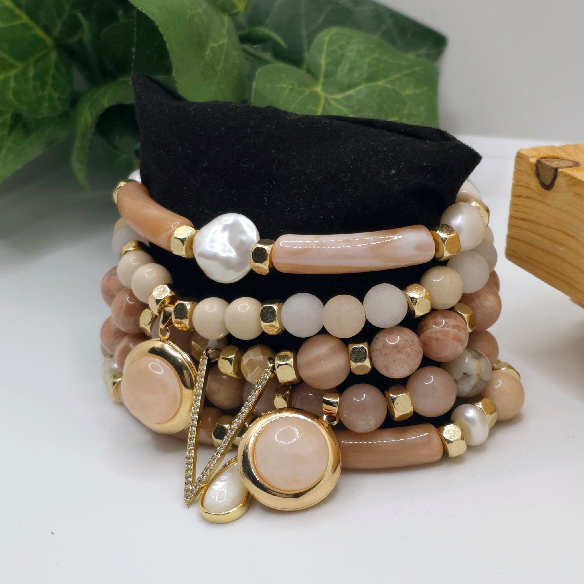 Natural Sunstone and Peach Moonstone Bracelet Set