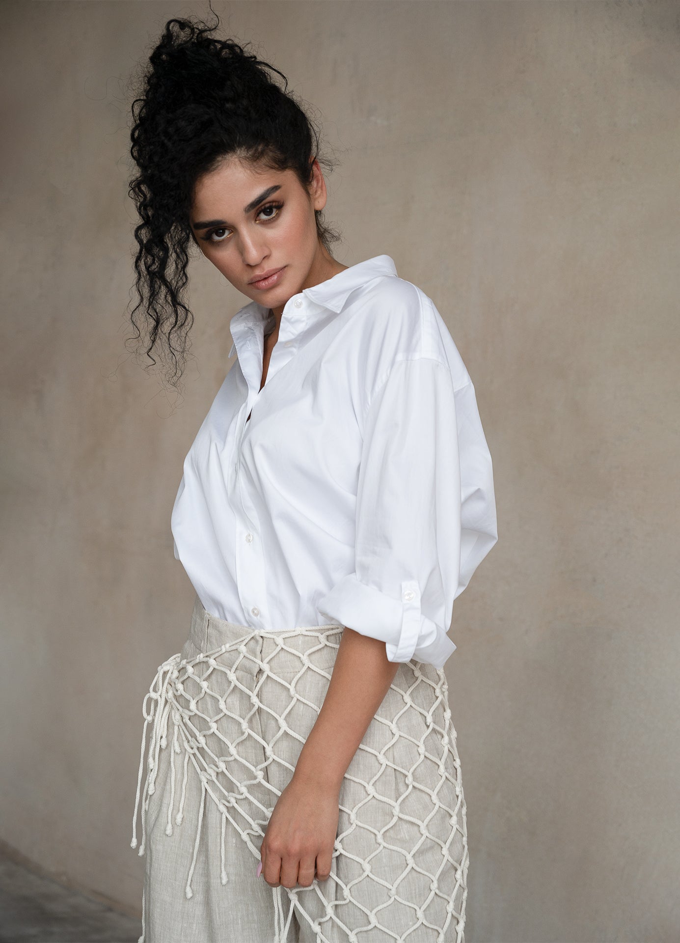 Terza Oversized Rolling-up White Cotton Shirt