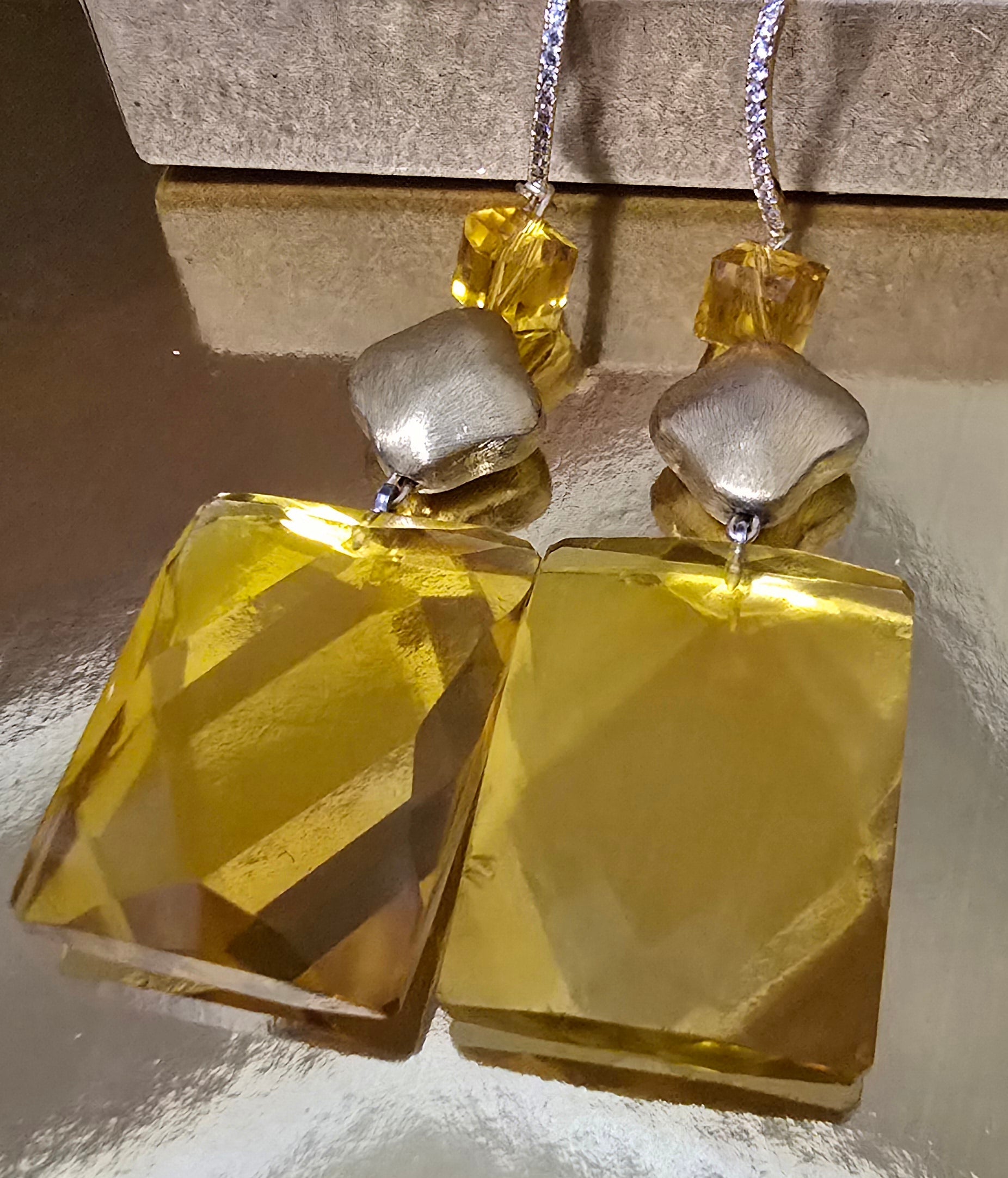 Natural Citrine and 14k Gold Over Silver Diamond Drop Earrings