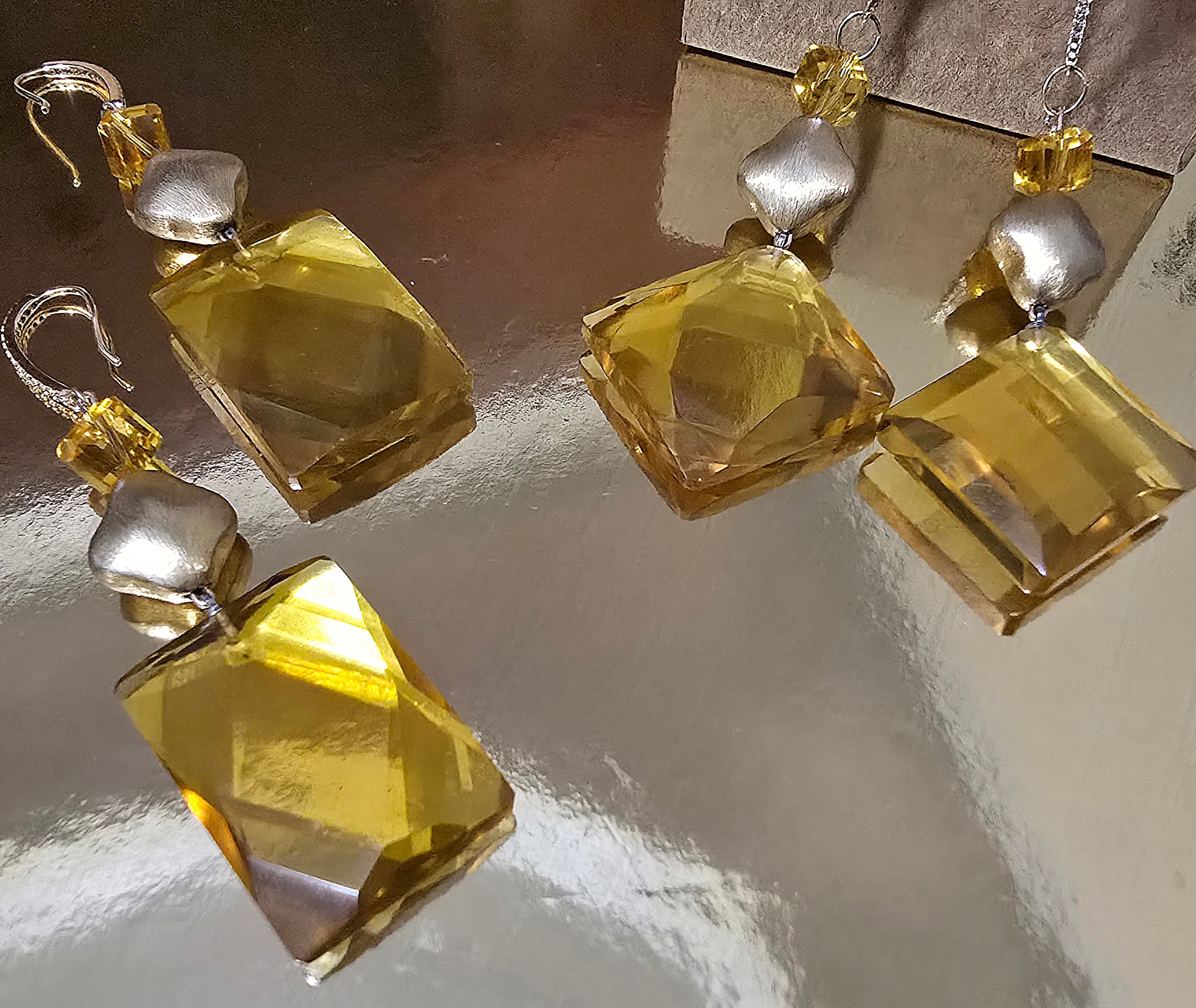 Natural Citrine and 14k Gold Over Silver Diamond Drop Earrings