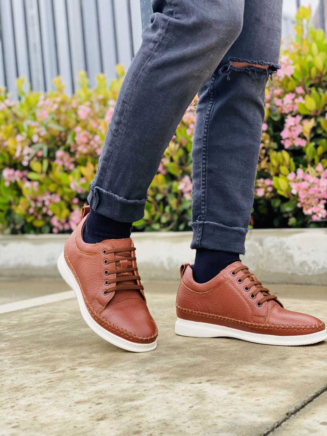 S4313 - Casual 3 Inch Leather Elevator Men's Sneakers - Brown