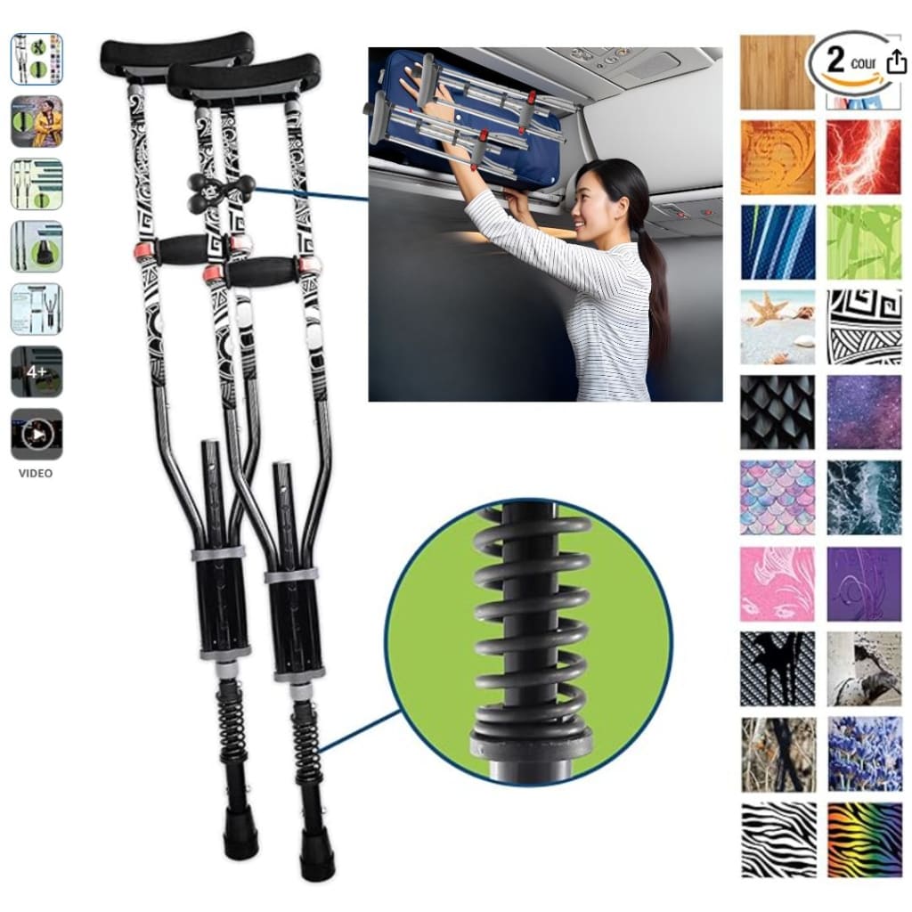 Adjustable Spring Cushion Crutches Perfect for Sports Injuries and Travel - Heights 4'7" to 6'6" - Adjust to 22" for Travel - Choice of Colors