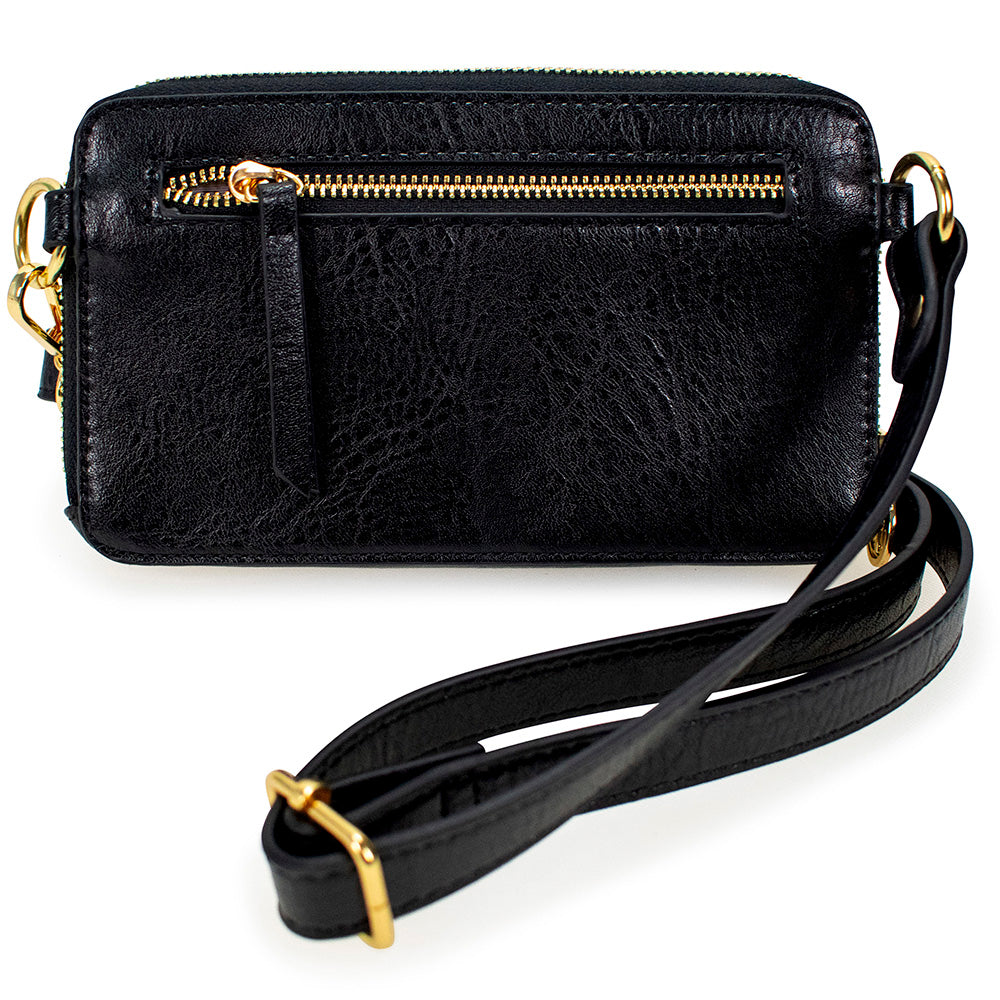 black vegan leather purse with gold zippers