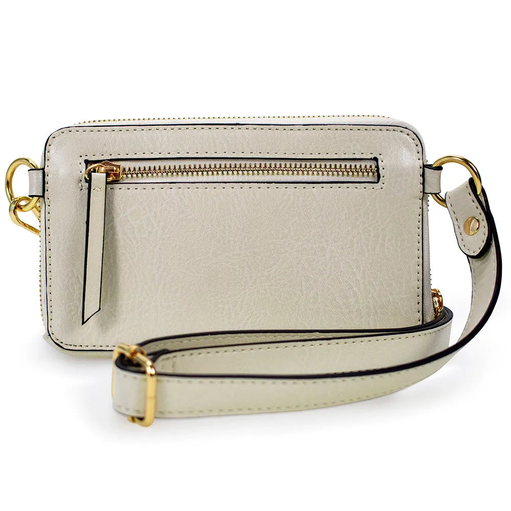 white vegan leather with shoulder strap by badgley mischka