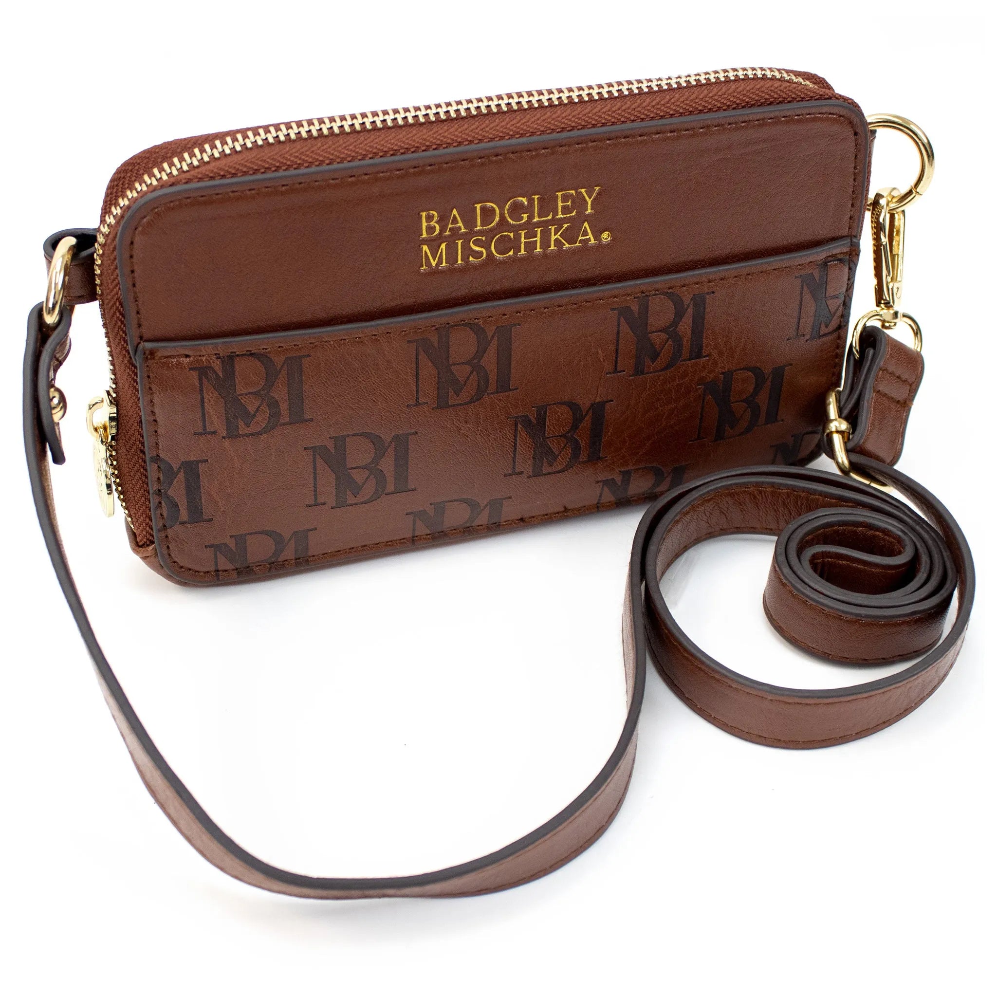 vegan leather badgley mischka purse with shoulder strap and gold zippers