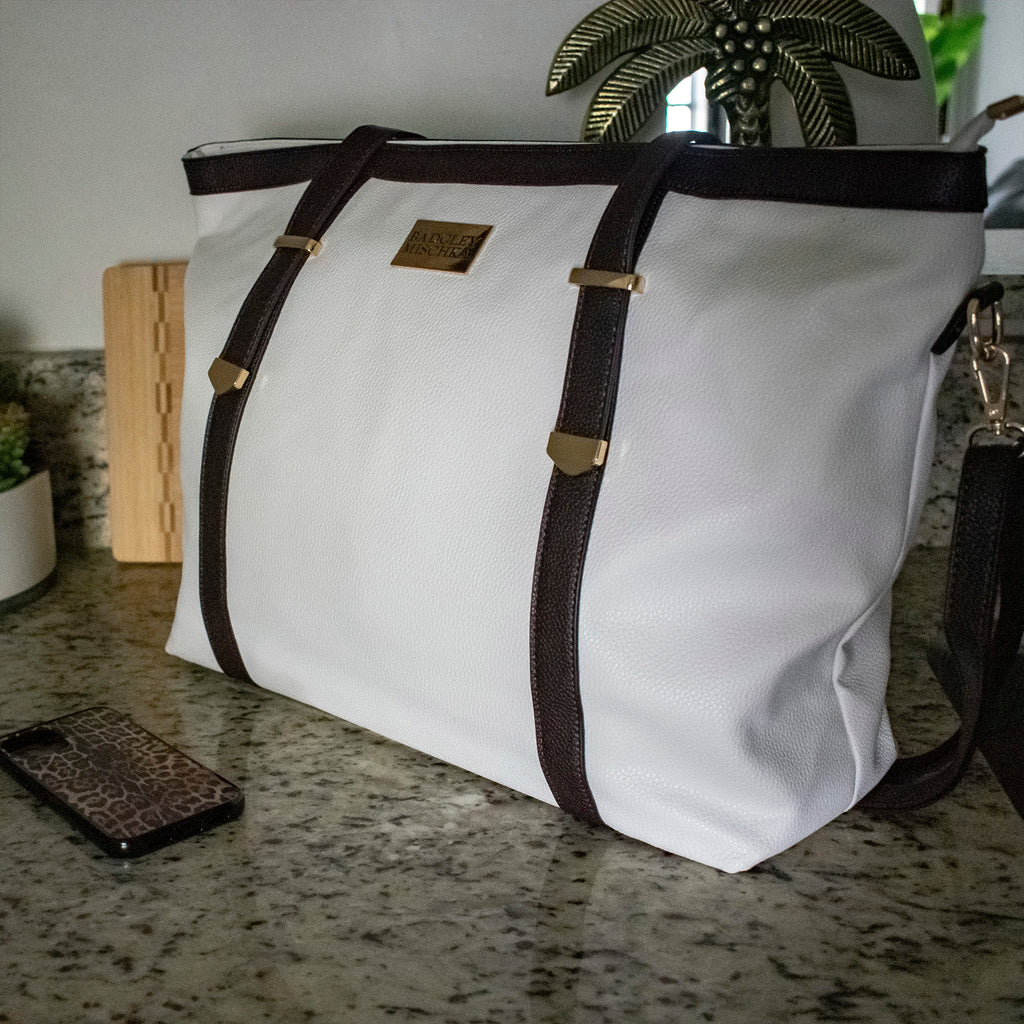 white leather tote bag