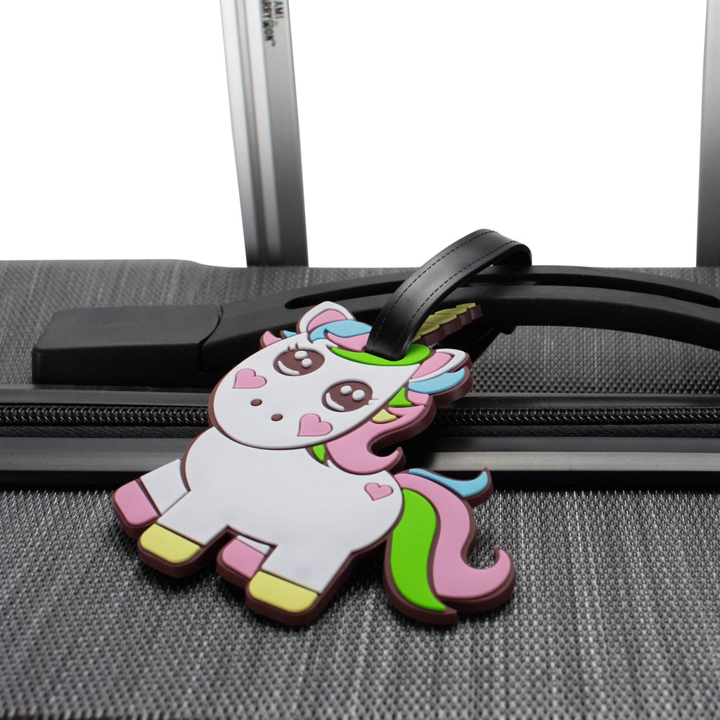 colorful pony luggage tag on luggage