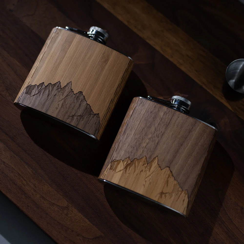 6 oz. Wooden Hip Flask (Sawtooth Mountains in Bamboo & Black Walnut)