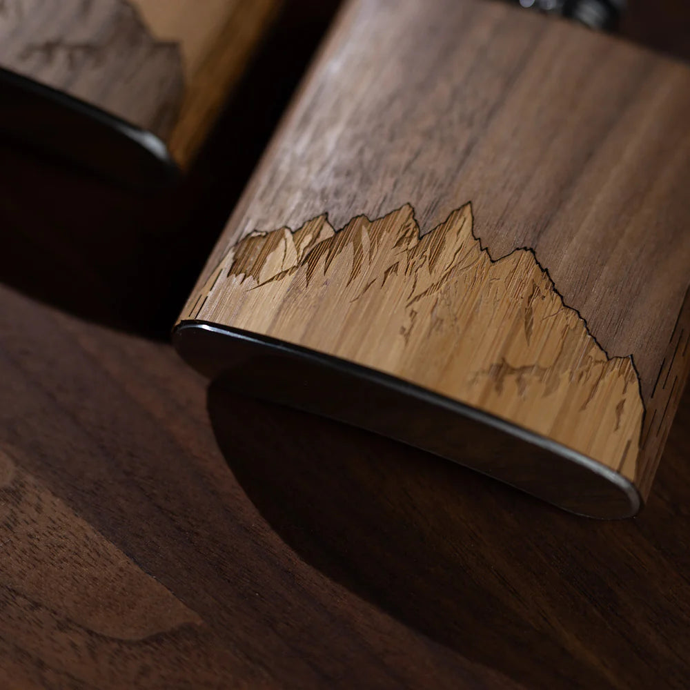 6 oz. Wooden Hip Flask (Sawtooth Mountains in Bamboo & Black Walnut)