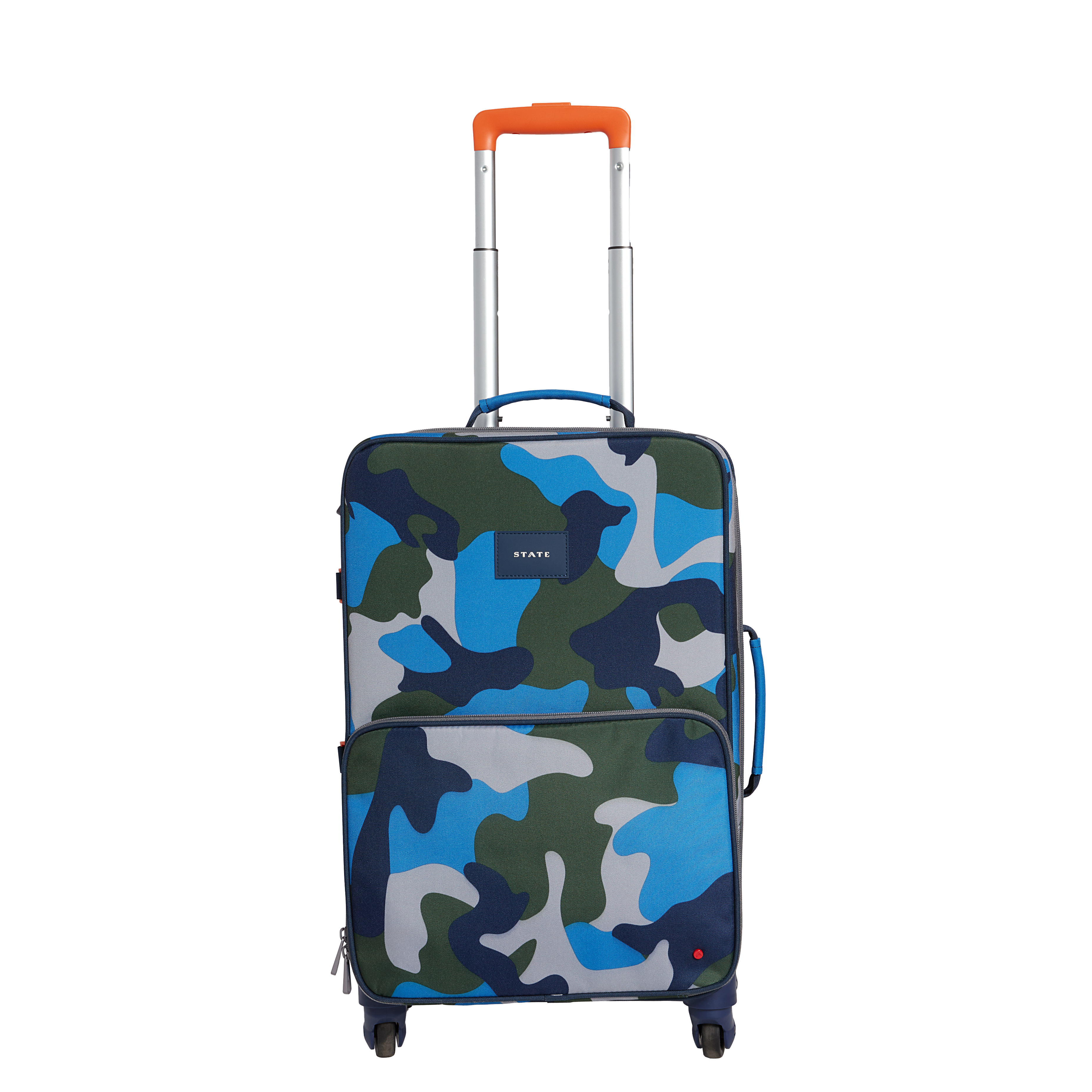 Camouflage-patterned suitcase with orange handle on a white background
