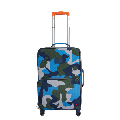 Camouflage-patterned suitcase with orange handle on a white background