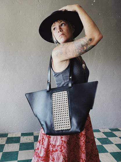 Riviera Tote Bag – Handcrafted Leather & Cane Weave Tote